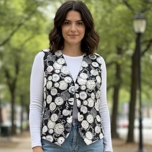 Liz Claiborne Black and White Patterned Vest 8P Vintage Clocks 🕰️